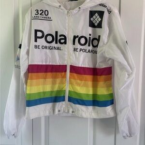 Polaroid White and Red Raincoat with Retro Rainbow Design